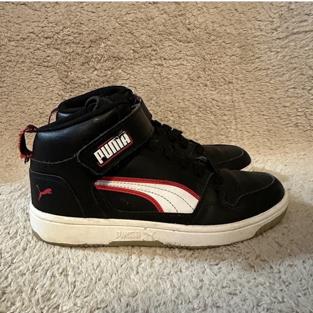 Puma Rebound High Top Shoes Sneakers Black Red Hook and Loop Lace Up Size 5C